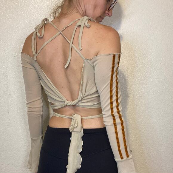 Zemeta Beige Mesh Tie Crop Top Long Sleeve Sheer Velvet Brown Stripes Size Small - Picture 9 of 10